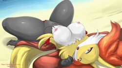16:9 2020 anthro bikini breasts curvaceous curvy_figure delphox female furry genitals highres large_breasts looking_at_viewer lying nintendo nipples nude on_back pokemon pussy solo spread_legs spreading swimwear thick_thighs torn_clothing voluptuous wide_hips widescreen winick-lim