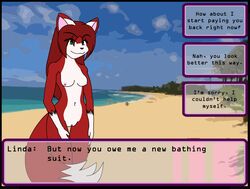 anthro beach canid canine english_text female fox fur green_eyes hair linda_wright mammal nude red_body red_fur red_hair seaside solo standing terdburgler text water white_body white_fur