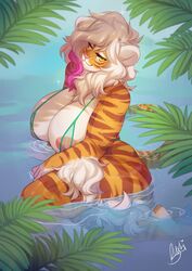 1girls animal_ears anthro areolae arm_tuft big_breasts black_stripes buxbi buxbi_(character) calf_tuft countershading curvaceous curvy_figure female fishnet_bikini fur furry furry_only in_water large_areolae looking_at_viewer medium_hair narrowed_eyes nipples orange_fur pantherine pink_hair pink_nose side-tie_bikini sitting smiling solo solo_female striped_fur tail thick_thighs tiger white_fur white_hair yellow_eyes