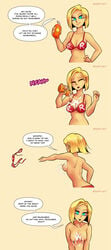 1girls 4koma android_18 bikini blonde_hair blue_eyes cleavage comic dragon_ball dragon_ball_z flirting looking_at_viewer lotion lotion_bottle medium_breasts no_nut_november no_nut_sabotage nortuet red_bikini solo solo_female stitched suggestive suggestive_fluid talking_to_viewer topless undressing v_arms