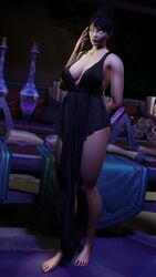 3d barefoot black_hair blender cleavage cleavage_cutout dress female glowing_eyes human night saurelsuesor solaris solo solo_female world_of_warcraft