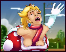 artist_request breasts color crown day ear_piercing female front_view gloves human imminent_death mario_(series) nintendo nipples outdoors piercing piranha_plant plant_vore princess_peach super_mario_bros. tagme tentacle_around_neck vore warp_pipe