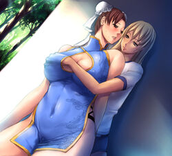 2girls blonde_hair blush breast_grab breasts brown_eyes brown_hair bun_cover buruma capcom china_dress chinadress chinese_clothes chun-li cleavage clothes covered_navel crossover double_bun emilie_de_rochefort erect_nipples female female_only groping groping_from_behind gym_uniform hair hand_under_clothes hands_under_clothes human kongeraatio large_breasts long_hair minidress multiple_females nipple_bulge nipples no_bra no_panties pokies short_dress side_slit skin_tight straight_hair street_fighter street_fighter_x_tekken tekken tekken_x_street_fighter yuri