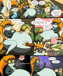 absurdres big_belly black_skin blonde_hair blush body_markings breasts chopsticks comic constricted_pupils cute_fang dialogue duo eating english_text female fingerless_gloves food gloves happy hat headwear heart highres huge_belly hylian imp link link_(twilight_princess) long_ears long_hair low-tied_long_hair male medium_breasts midna nintendo open_smile orange_hair pointy_ears red_eyes smile speech_bubble text the_legend_of_zelda twilight_princess vale_city white_skin wide_eyed yellow_sclera