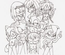 2d amy_rose anthro archie_comics bat breasts cream_the_rabbit echidna female female_only fur furry furry_only gesture hedgehog interspecies julie-su lara-su long_hair mammal marine_the_raccoon mina_mongoose mobian mobian_(species) mobian_echidna mongoose monochrome monotreme multiple_girls rabbit raccoon rodent rouge_the_bat sally_acorn sega short_hair sonic_(series) sonic_adventure sonic_satam sonic_the_hedgehog_(archie) sonic_the_hedgehog_(comics) sonic_the_hedgehog_(series) sonikdude750 tikal_the_echidna topless uncensored underwear v viverrid