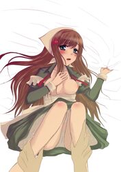 axis_powers_hetalia blush blushing cameltoe crotch_lines dress elizaveta_hedervary grabbing_sheets holding_another's_leg holding_sheet hungary_(hetalia) lying lying_on_back lying_on_bed panties pantyshot red_hair skirt tagme underwear upskirt