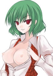 1girls breasts bust female green_hair nipples open_clothes open_shirt plaid plaid_vest red_eyes shirt short_hair smile solo touhou tsurime utakata_(0824) youkai yuka_kazami