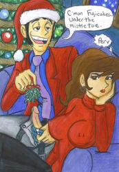 1boy 1girls annoyed arsene_lupin_iii big_breasts black_hair breasts brown_eyes brown_hair busty christmas clothes clothing curvy dialogue earrings english_text erect_nipples female hat human large_breasts light-skinned_female light_skin lipstick long_hair lupin_iii makeup male mine_fujiko mistletoe mouth_open nipples open_mouth penis pubic_hair red_lipstick round_ears santa_hat spacecoyote speech_bubble tagme teeth text tongue voluptuous