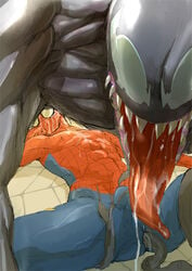 2boys 69 abs anal anal_insertion balls bodysuit boy_rape cum cum_in_mouth cum_inside duo erect_nipples gay human interspecies male male_only male_rape_victim marvel masako monster muscles nipples on_back peter_parker sharp_teeth smooth_skin spider-man spider-man_(series) symbiote teeth tentacle tentacle_in_anus tentacle_on_male tentacles_around_legs tongue tongue_out venom venom_(marvel) yaoi