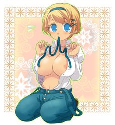 axis_powers_hetalia blonde_hair blue_eyes blush breasts cleavage hair hairband kneeling large_breasts mouth_hold nipples open_clothes open_shirt shirt short_hair tear ukraine_(hetalia)