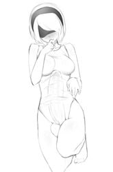 1futa balls blindfold blush breasts clothed clothing erection erection_under_clothes feet futa_only futanari headband huge_cock humanoid intersex kneeling looking_at_viewer monochrome necrosmos nier nier:_automata nier_(series) one-piece_swimsuit partially_clothed penis smiling solo solo_futa source_request swimsuit white_hair yorha_2b