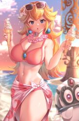 1girls artist_name bare_arms bare_midriff bare_shoulders beach belly_button big_breasts bikini blonde_hair blue_eyes blush blushing breasts child_bearing_hips cleavage curvaceous curvy curvy_female curvy_figure earrings eyebrows_visible_through_hair female female_only flower_in_hair flower_necklace highres huge_breasts human human_only ice_cream large_breasts lei light-skinned_female light_skin long_hair looking_at_viewer mario_(series) mature mature_female nintendo pink_bikini pink_nails pink_swimsuit princess princess_peach royalty sarong solo solo_female sprinkles sunglasses sunglasses_on_head super_mario_odyssey surprised surprised_expression swimsuit thick thick_thighs thighs thin_waist tiara_(mario) wide_hips yana_(nekoarashi)