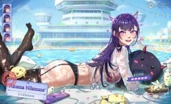 1girl 1girls akuma_nihmune ass black_thighhighs blush bra breasts butt cellphone cocktail_glass cup demon_horns drinking_glass facial_mark feet feet_up female food foot_out_of_frame garter_belt garter_straps heart heart-shaped_pupils heart_facial_mark highres horns indie_virtual_youtuber large_breasts legs long_hair looking_at_viewer lying mole mole_under_eye multiple_expressions no_shoes on_stomach open_mouth phone pool purple_hair red_bra red_eyes red_horns shirt smartphone solo star_(symbol) symbol-shaped_pupils thighhighs thighs toes underwear virtual_youtuber vtuber water wet wet_clothes wet_shirt white_shirt