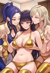 3girls aqua_eyes bare_arms bare_shoulders bikini black_hair blonde_hair blue_dress blue_eyes blue_hair blunt_bangs blush breasts brown_eyes cleavage cleavage_cutout closed_mouth clothing_cutout coat collarbone dark_blue_hair door dress eye_contact fff_threesome gold_bikini grabbing grabbing_another's_breast grabbing_from_behind grey_hair groping group_sex gundam halterneck hands_up high_ponytail holding holding_bra holding_clothes holding_swimsuit holding_underwear indoors jacket jewelry large_breasts light_brown_hair light_smile long_hair long_sleeves looking_at_another love_live! love_live!_sunshine!! mahou_shoujo_ni_akogarete matara_okina matsuura_kanan mayuzumi_fuyuko medium_breasts micro_bikini multiple_girls narberal_gamma navel one_eye_closed original parted_bangs pokemon ponytail purple_hair raiden_shogun shoujo_kageki_revue_starlight shoujo_kageki_revue_starlight_-re_live- sidelocks sitting smile stomach string_bikini swimsuit thighhighs thighs unworn_bikini_top very_long_hair yakushiji_saaya yellow_bikini yellow_thighhighs yuri