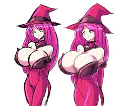 bare_shoulders breast_expansion breasts cleavage collar cowboy_shot curvy detached_collar dress eyebrows_visible_through_hair eyelashes female female_focus gem green_eyes hat highres huge_breasts large_breasts long_hair looking_at_viewer original paulgq pink_dress pink_hair shiny shiny_clothes shiny_hair side_cutout sketch skin_tight smile solo solo_focus standing white_background witch witch_hat