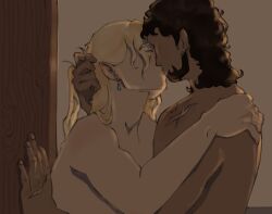 achilles achilles_(mythology) beard bite_mark blonde_hair brown_skin earrings facial gay greek_mythology gripping_hair homosexual kiss kissing making_out male_only nude nude_male nudity patrochilles patroclus patroclus_(mythology) scar scared suggestive the_epic_cycle trojan_war yaoi