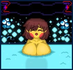 1girls big_breasts blushing breasts brown_hair bubble_butt closed_eyes female female_only frisk frisk_(undertale) in_water large_breasts mushroom naked naked_female pixel_art self_upload solo_female undertale undertale_(series) water zixy