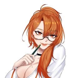 1girl 1girls big_breasts breasts busty choker cleavage earrings female glasses highres hoop_earrings indie_virtual_youtuber jewelry large_breasts lips long_hair mako_fukasame messy_hair milf mole mole_on_breast mole_under_eye office_lady orange_hair pen red_eyes semi-rimless_eyewear shark_girl shirt side_ponytail solo tits vershion virtual_youtuber vtuber white_background white_shirt