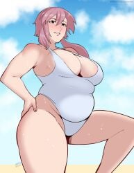 1girls big_breasts black_eyes breasts cleavage eclair_farron female female_only final_fantasy final_fantasy_xiii hair hand_on_hip hips laundrymom lips one-piece_swimsuit pink_hair smile solo solo_female square_enix sweat sweatdrop swimsuit swimwear thick_thighs thighs white_swimsuit