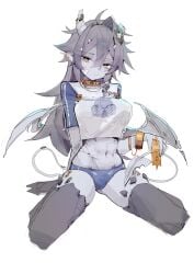 1girl 1girls abs absurdres ahoge antennae blue_panties breasts broken_horn collar colored_skin cracked_skin female gargoyle gold_collar grey_hair grey_horns grey_skin grey_wings hair_between_eyes hair_intakes highres horns indie_virtual_youtuber ip_chort jax_(vtuber) large_breasts long_hair looking_at_viewer monster_girl navel panties rock_skin shirt sitting solo spiked_collar spikes tail thighs tits underwear virtual_youtuber vtuber white_shirt wings yellow_eyes