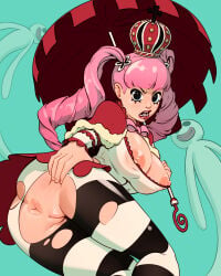 1girls anus ass clothing female female_only one_piece perona pink-haired_female pink_hair presenting pussy see-through spread_ass thick_thighs thighs torn_clothes