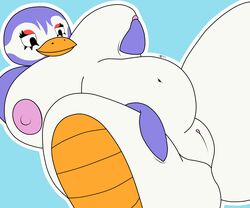 absurd_res animal_crossing anthro avian big_breasts bird black_napalm_pony breast_grab breasts clitoris female flo_(animal_crossing) genitals hand_on_breast hi_res navel nintendo nipples non-mammal_breasts overweight overweight_anthro overweight_female penguin pussy simple_background slightly_chubby solo spread_legs spreading thick_thighs video_games