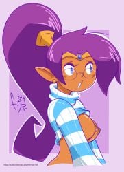 1girls 2024 artist_name blue_eyes breasts breasts_out clothes_lift dark-skinned_female dark_skin earrings female female_only fernal-scarlet fondly_aloe fondly_scarlet glasses looking_away nipples partially_clothed pointy_ears ponytail purple_hair shantae shantae_(character) solo striped_clothing striped_sweater subscribestar_username sweater turtleneck turtleneck_sweater very_long_hair