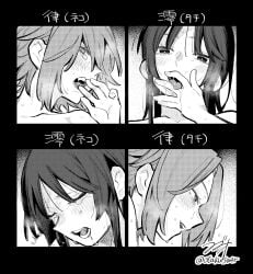 2girls after_fingering akiyama_mio blush closed_eyes commentary_request greyscale highres k-on! licking licking_finger long_hair monochrome multiple_girls nude open_mouth pussy_juice pussy_juice_on_fingers short_hair smile suzuo_(zuo) sweat tainaka_ritsu tears translation_request twitter_username yuri