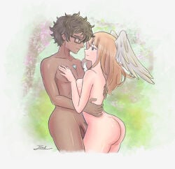 1boy 1girls ass breasts completely_nude couple dark-skinned_male eunie_(xenoblade) flaccid flaccid_penis glasses itsjarrrd nude penis romantic straight taion_(xenoblade) testicles xenoblade_(series) xenoblade_chronicles_3