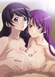 1boy 2girls bakemonogatari black_hair blue_eyes blush breasts censored cum cum_on_body cum_on_breasts glasses hanekawa_tsubasa highres large_breasts long_hair monogatari_(series) multiple_girls multiple_paizuri nipples nude open_mouth outercourse paizuri purple_eyes purple_hair senjougahara_hitagi tooo