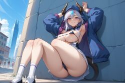 1girl absurd_res ai_assisted ai_generated black_clothing black_leggings blushing devious_grin dragon_girl epic_seven first_person_perspective hands_above_head hard_nipples hood_up large_breasts luna lustful micro_bikini perfect_ass posing_for_viewer seductive shy source_anime standing tight_clothing white_socks