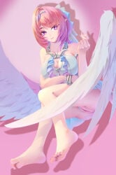 1girl absurdres barefoot breasts censored cleavage commentary_request feet highres large_breasts looking_at_viewer medium_hair mosaic_censoring nanguibeijiang official_alternate_costume one-piece_swimsuit pink_background pink_hair purple_eyes pussy remielle_dan remielle_dan_(seashade_pas_seul) simple_background smile soles solo swimsuit toes white_one-piece_swimsuit white_wings wings zenless_zone_zero