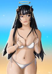 beach bikini black_hair breast_press breasts dark_hair dead_or_alive dead_or_alive_5 female french_kiss_studio horns jewelry lips long_hair nyotengu purple_eyes white_bikini