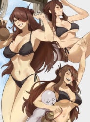 1boy 1girl 1girls absurd_res artist_request beidou_(genshin_impact) bikini black_bikini blush breasts eyepatch female female_focus genshin_impact grin highres hoyoverse multiple_views navel red_eyes smiling viewer_self-insert