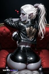 1girl ai_assisted ai_generated alluring artistic big_ass black_leather_jacket bouncing_breasts bra_down cinematic dark_background detailed detailed_face dim_lighting doggy_style elegant fucked_into_submission fucked_silly gray_skin heart_eyes heart_shaped_pupils high_angle intimate looking_away luxurious minthara moody open_jacket pov provocative red_eyes revealing_breasts seductive seductive_look seductive_pose seductive_smile sexy side_profile sitting tasteful thicc_ass thicc_thighs torn_clothes vaginal_sex wants_to_fuck white_hair wide_hips