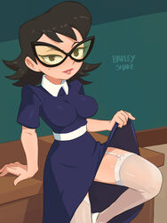 1girls barleyshake black_hair blackboard brown_eyes cartoon_network classroom collar dress dress_lift eleanor_butterbean garter_straps glasses lips looking_at_viewer mole mole_under_eye shoulder_length_hair sitting skirt_lift stockings teacher the_grim_adventures_of_billy_and_mandy twitter