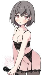 1girl absurdres anon_tokyo_(bang_dream!) bang_dream! bang_dream!_it's_mygo!!!!! black_thighhighs blush breasts brown_eyes chihaya_anon commentary cowboy_shot fang garter_belt grey_hair highres holding holding_microphone kio_(bangskosko) microphone nipples open_mouth pussy short_hair simple_background skin_fang small_breasts solo takamatsu_tomori thighhighs white_background
