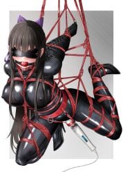 1girl absurdres amari_(epicary_radz) armbinder arms_behind_back ball_gag bdsm black_bodysuit black_hair blindfold bodysuit bound bound_arms bound_legs bow breasts commentary_request commission covered_nipples drooling epicary_radz full_body gag gagged hair_bow high_heels highres hitachi_magic_wand latex latex_bodysuit long_hair original pixiv_commission rope sex_toy shibari shibari_over_clothes shiny_clothes skin_tight solo suspension very_long_hair vibrator