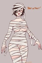 1girls bandage black_hair blush closed_eyes english_text female female_only glasses grey_background gyarusatan hair_over_one_eye halloween highres medium_hair mummy_costume october_(gyarusatan) pubic_hair pussy smile solo solo_female thigh_gap