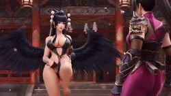 ai_generated animated animation beautiful beautiful_female big_breasts black_hair black_wings cherry_blossom cherry_blossoms crossover dead_or_alive dojo embrace fighting_game french_kiss french_kissing gif head_gear head_ornament head_wear jabbaman58 kiss kissed kissing kunoichi lesbian ninja nyotengu ponytail serene shrine soul_calibur soul_calibur_iv taki_(soulcalibur) tengu tongue tongue_in_mouth video_game_character voluptuous_female wings women_only