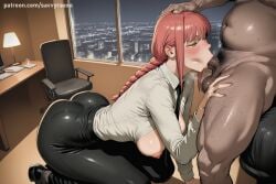 1boy 1girl ai_generated ass bangs blush braid breasts censored chainsaw_man fellatio hetero hi_res high_quality high_resolution large_breasts makima_(chainsaw_man) nude office_lady oral patreon penis pubic_hair ringed_eyes savvyraexo seductive sexy shirt sweat uncensored watermark
