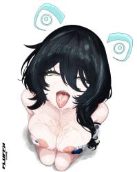 1girls areolae black_hair breasts cleavage cum cum_on_breasts cum_on_face cum_on_tongue erina_makina female female_only fluffy_(fluffycataaa/fluffylotusart) light-skinned_female light_skin nipples open_mouth phase_connect tongue tongue_out virtual_youtuber