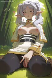 1girl ai_generated blush boots breasts breasts_outside brown_footwear censored earrings forest frieren grass green_eyes heart hi_res high_quality high_resolution jewelry large_breasts long_hair long_sleeves looking_at_viewer masturbation mosaic_censoring nature nipples parted_lips patreon pointy_ears pussy seductive sexy sitting solo sousou_no_frieren spread_legs tree twintails uncensored wariza watermark