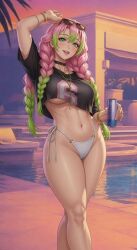 1girls 2d_(artwork) ai_generated anime_girl anime_style belly_button bikini braided_hair braided_ponytail child_bearing_hips choker cosplay cosplaying_as_character crop_top cropped_shirt demon_slayer exposed_midriff green_hair gta_vi_cover_girl hourglass_figure hourglass_figured_female kanroji_mitsuri large_ass large_breasts long_hair mitsuri_kanroji multicolored_hair necklace pink_hair ponytails posing posing_for_the_viewer slim_waist sunglasses sunglasses_on_head swimsuit thick_thighs thong thong_bikini underboob underboob_peek video_game_character voluptuous voluptuous_body voluptuous_female wide_hips