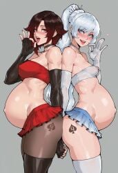 2girls ai_generated blacked blacked_clothing cheating collar corrupted covered_nipples fellatio_gesture female_only huge_ass leg_tattoo looking_at_viewer medium_breasts microskirt netorare oral_invitation pregnant qos qos_tattoo revealing_clothes ruby_rose rwby small_breasts snowbunny spade_tattoo tagme taurusinvert thick_thighs tubetop weiss_schnee