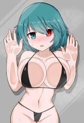 1girl 1girls against_glass belly belly_button bending_forward bikini bikini_bottom bikini_only bikini_top black_bikini blue_eyes blue_hair blush blush_lines blushing blushing_at_viewer boobs_pressed breasts_against_glass breasts_on_glass breasts_press cleavage collarbone cowbell glass hair_covering_eye hair_covering_eyes hair_covering_one_eye hand_on_glass hands_against_glass heterochromia highleg highleg_bikini highleg_panties highleg_swimsuit kogasa_tatara leaning leaning_forward looking_at_viewer navel nervous open_mouth red_eyes short_hair soaked sole_female solo solo_female solo_focus stomach sweat sweatdrop sweating sweaty sweaty_body swimsuit swimsuit_only swimwear thick_thighs thigh_gap thighs touhou wet wet_body zawapirori
