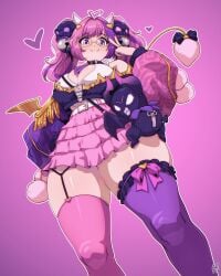 1girl 1girls ahoge bell big_breasts breasts cleavage cleavage_cutout clothing_cutout curvy demon_girl demon_horns demon_tail demon_wings fangs female glasses golden_wings hair_bell hair_ornament heart heart_ahoge heart_cutout heart_hair_ornament highres horns indie_virtual_youtuber ironmouse ironmouse_(8th_anniversary) jacket large_breasts latina multicolored_hair multicolored_jacket necktie pink_background pink_hair pink_jacket pink_skirt pink_thighhighs purple_eyes purple_hair purple_jacket purple_necktie purple_streaks purple_thighhighs ryou_sakai shirt skin_fangs skirt skull_hair_ornament solo streaked_hair tail thick thick_thighs thighhighs thighs tits twintails two-tone_jacket v virtual_youtuber vtuber white_horns white_shirt wide_hips wings