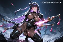 1girl ai_assisted ai_generated anime_coloring black_hair chaos_zero_nightmare chode colored_inner_hair detailed_penis dynamic_angle dynamic_pose excessive_foreskin facing_viewer firm_breasts flaccid_penis front_view futa futanari highres limp_penis micro_penis nude phimosis pink_eyes purple_hair small_penis solo very_long_hair