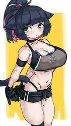1girls alternate_costume arknights belly big_breasts blush breasts cat_ears cat_tail choker cleavage female female_only gloves hands_behind_back jessica_(arknights) long_hair money_under_clothes navel ponytail shorts simple_background solo source_request sweat workout_clothes zanamaoria