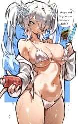1girl 1other ? big_breasts bikini blue_eyes breasts cinderella_(nikke) cinderella_(nikke)_(cosplay) clock cosplay cowboy_shot dante_(limbus_company) english_text faust_(limbus_company) flower flower_in_hair hair_flower hair_ornament hair_over_one_eye holding_popsicle holding_sunscreen limbus_company long_hair looking_at_viewer nikke object_head one_eye_covered pale-skinned_female pale_skin popsicle popsicle_melting project_moon shigezie shirt simple_background speech_bubble spoken_question_mark sunscreen twintails white_bikini white_hair white_shirt